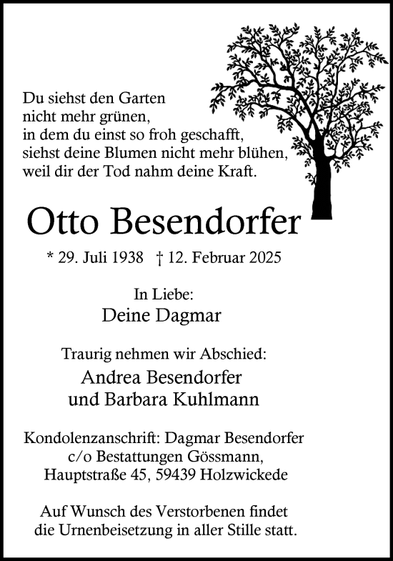 Traueranzeige von Otto Besendorfer von Ruhr Nachrichten