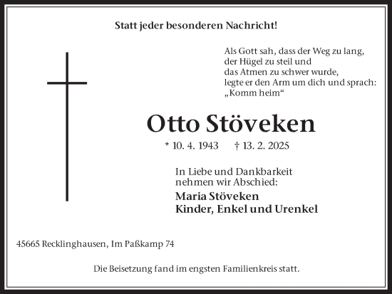 Traueranzeige von Otto Stöveken von Trauer Vest