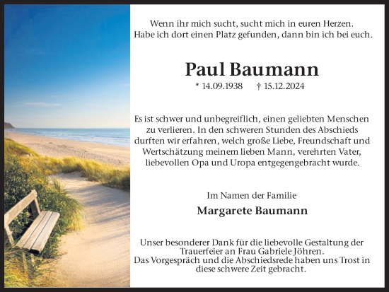 Traueranzeige von Paul Baumann von Ruhr Nachrichten und Dorstener Zeitung