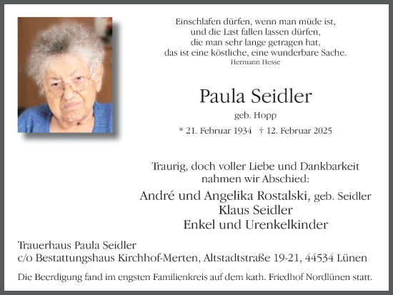 Traueranzeige von Paula Seidler von Lüner Anzeiger