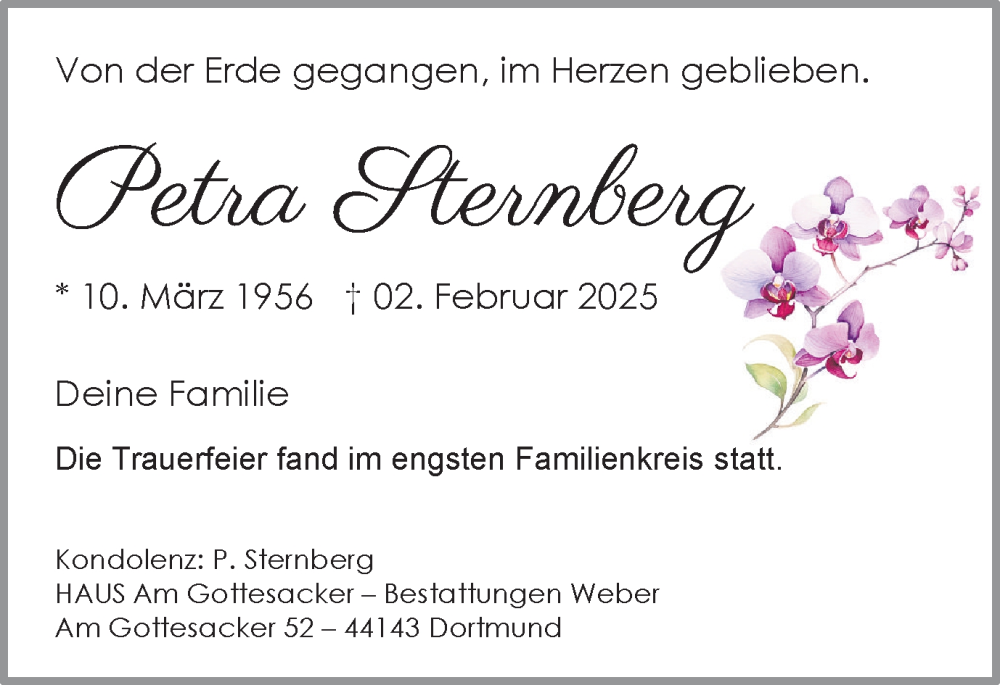  Traueranzeige für Petra Sternberg vom 15.02.2025 aus Ruhr Nachrichten