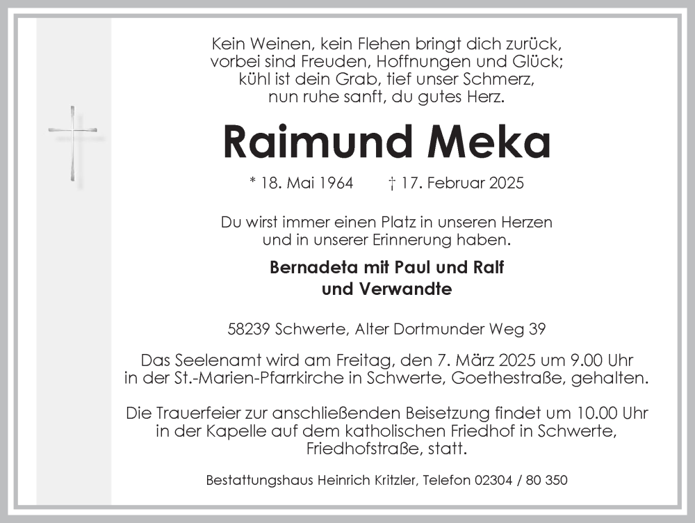  Traueranzeige für Raimund Meka vom 01.03.2025 aus Ruhr Nachrichten