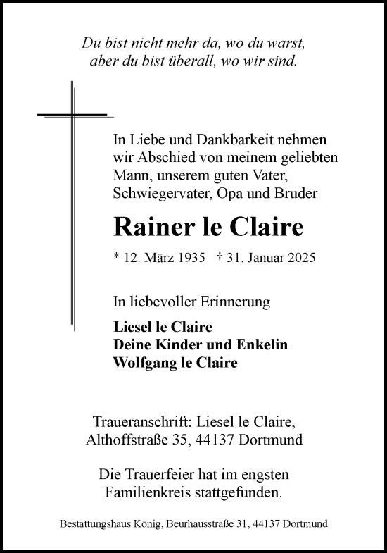 Traueranzeige von Rainer le Claire von Ruhr Nachrichten