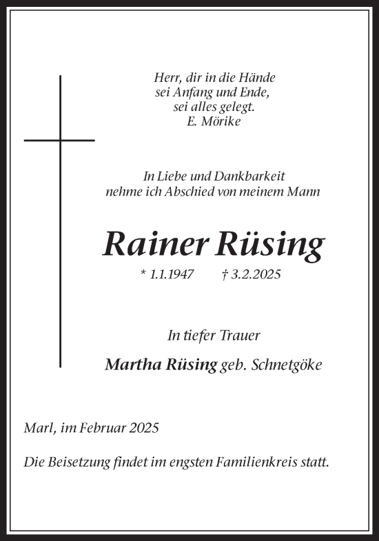 Traueranzeige von Rainer Rüsing von Trauer Vest