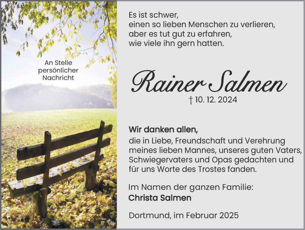  Traueranzeige für Rainer Salmen vom 08.02.2025 aus Ruhr Nachrichten