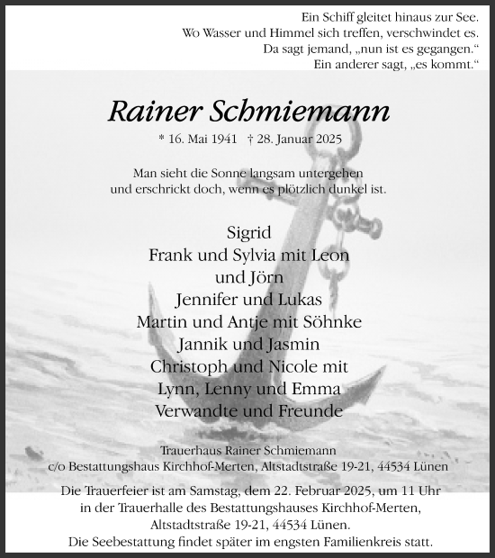 Traueranzeige von Rainer Schmiemann von Lüner Anzeiger