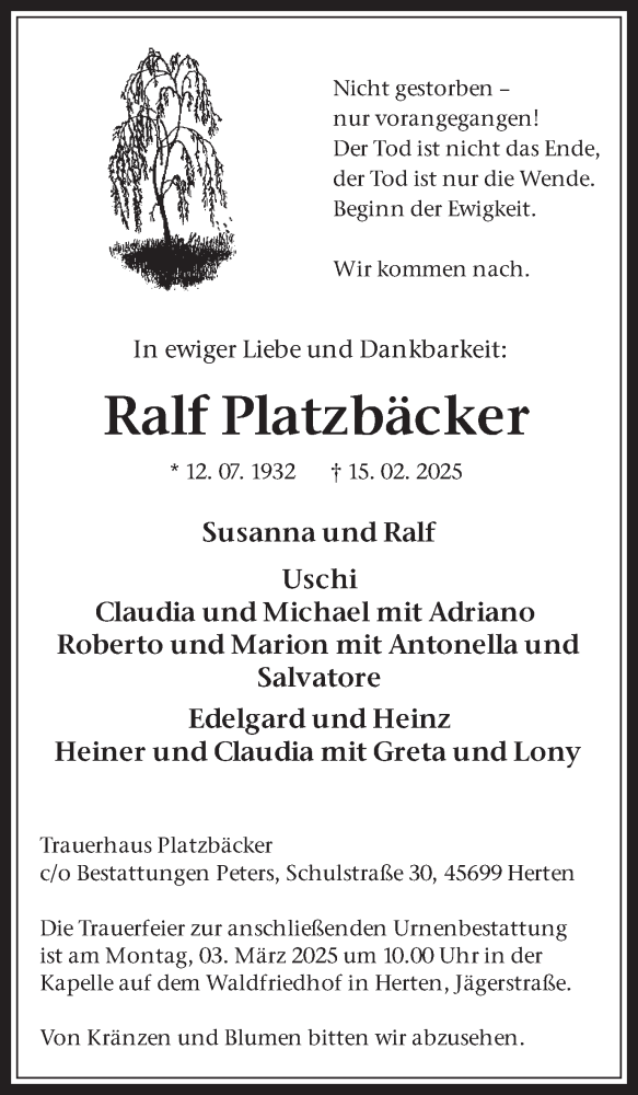  Traueranzeige für Ralf Platzbäcker vom 26.02.2025 aus Trauer Vest