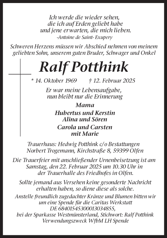 Traueranzeige von Ralf Potthink von Ruhr Nachrichten
