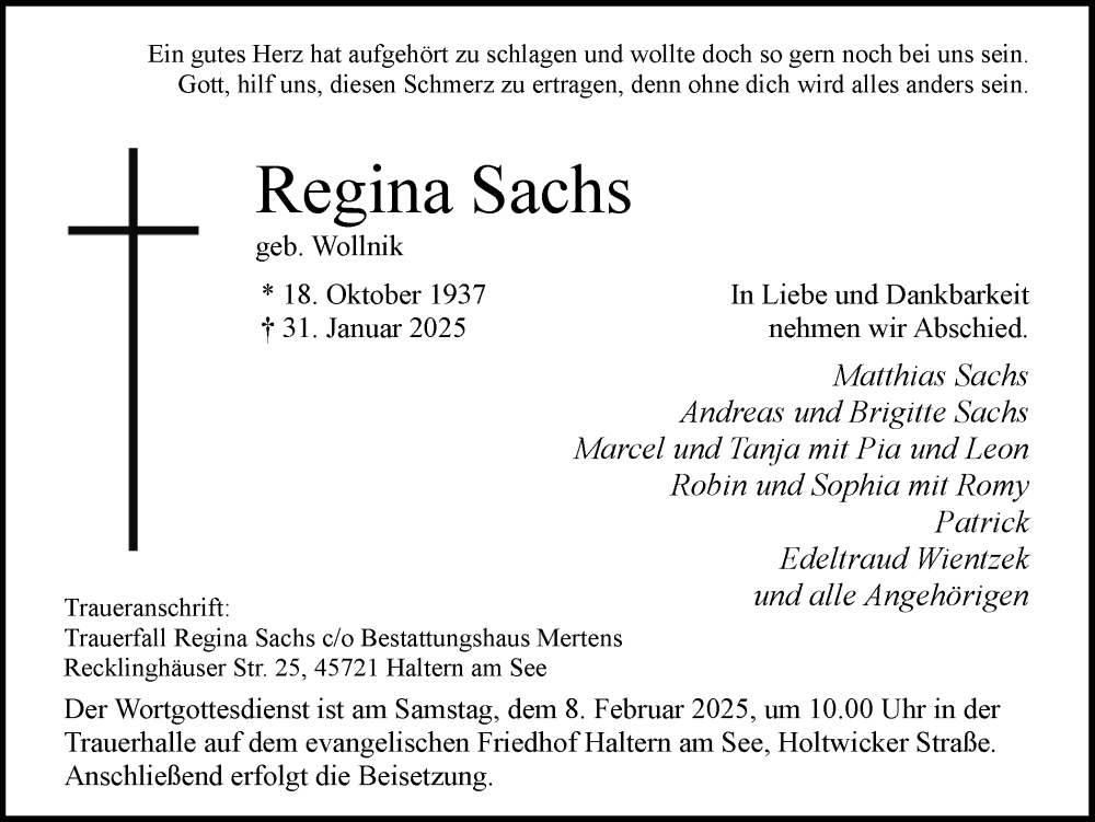  Traueranzeige für Regina Sachs vom 05.02.2025 aus Ruhr Nachrichten und Halterner Zeitung
