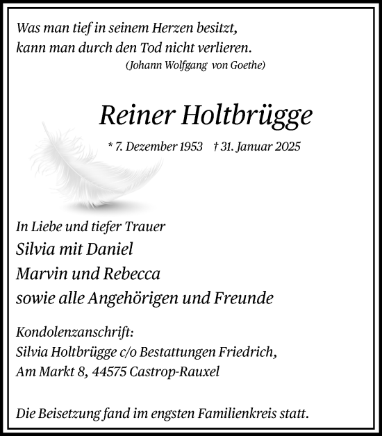 Traueranzeige von Reiner Holtbrügge von Stadtanzeiger Castrop-Rauxel