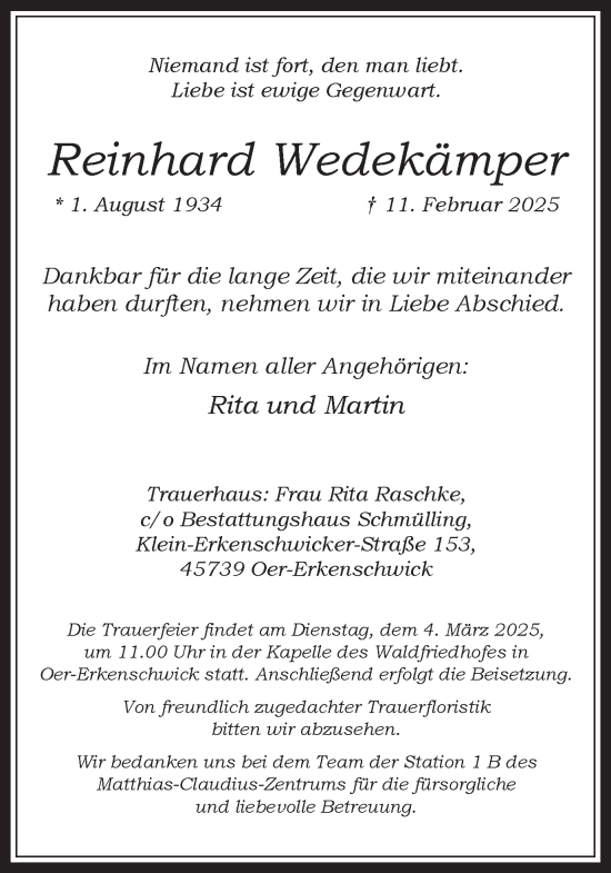 Traueranzeige von Reinhard Wedekämper von Trauer Vest
