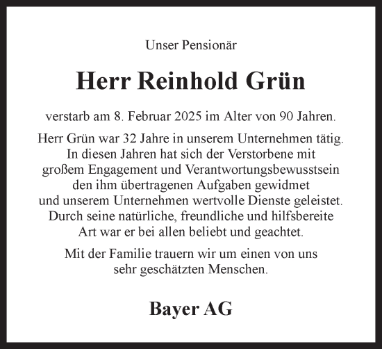 Traueranzeige von Reinhold Grün von Hellweger Anzeiger