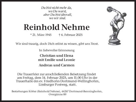 Traueranzeige von Reinhold Nehme von Ruhr Nachrichten
