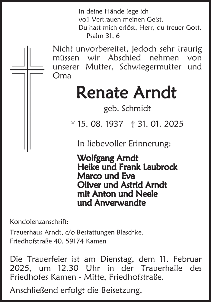  Traueranzeige für Renate Arndt vom 05.02.2025 aus Hellweger Anzeiger