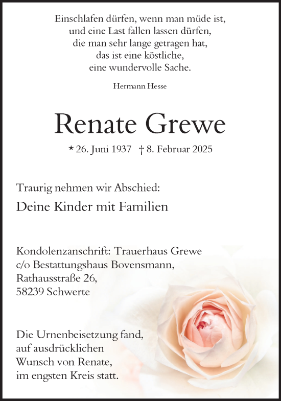 Traueranzeige von Renate Grewe von Ruhr Nachrichten