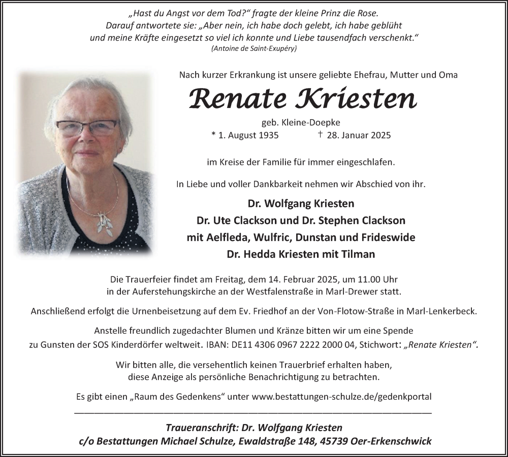  Traueranzeige für Renate Kriesten vom 08.02.2025 aus Trauer Vest