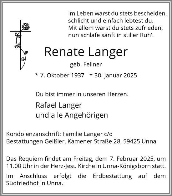 Traueranzeige von Renate Langer von Hellweger Anzeiger