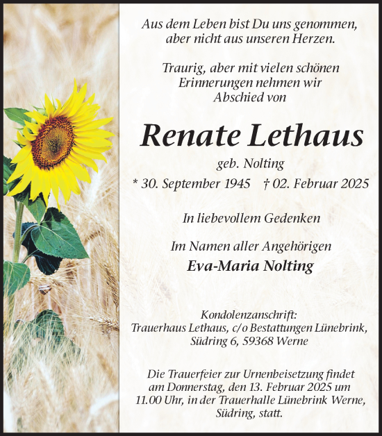 Traueranzeige von Renate Lethaus von Ruhr Nachrichten