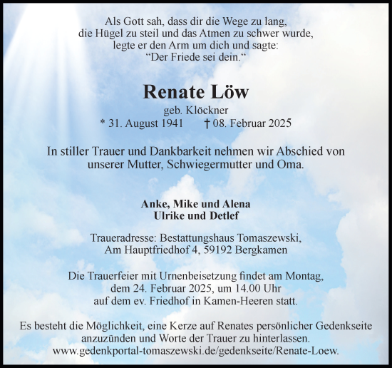 Traueranzeige von Renate Löw von Hellweger Anzeiger