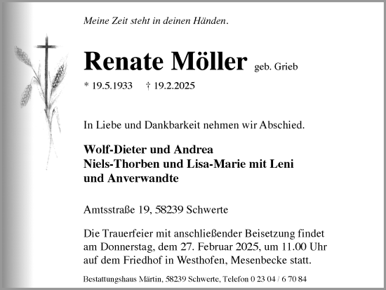 Traueranzeige von Renate Möller von Ruhr Nachrichten