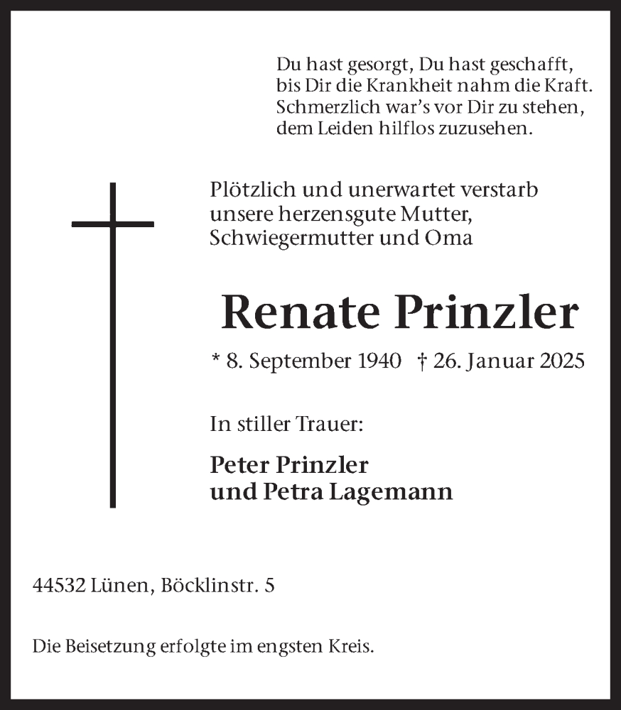  Traueranzeige für Renate Prinzler vom 08.02.2025 aus Ruhr Nachrichten