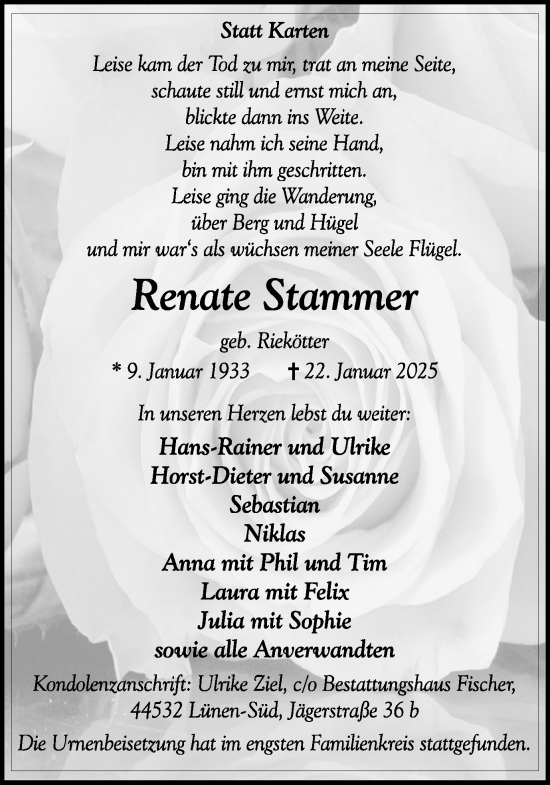 Traueranzeige von Renate Stammer von Lüner Anzeiger