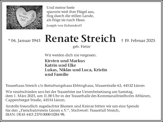 Traueranzeige von Renate Streich von Ruhr Nachrichten
