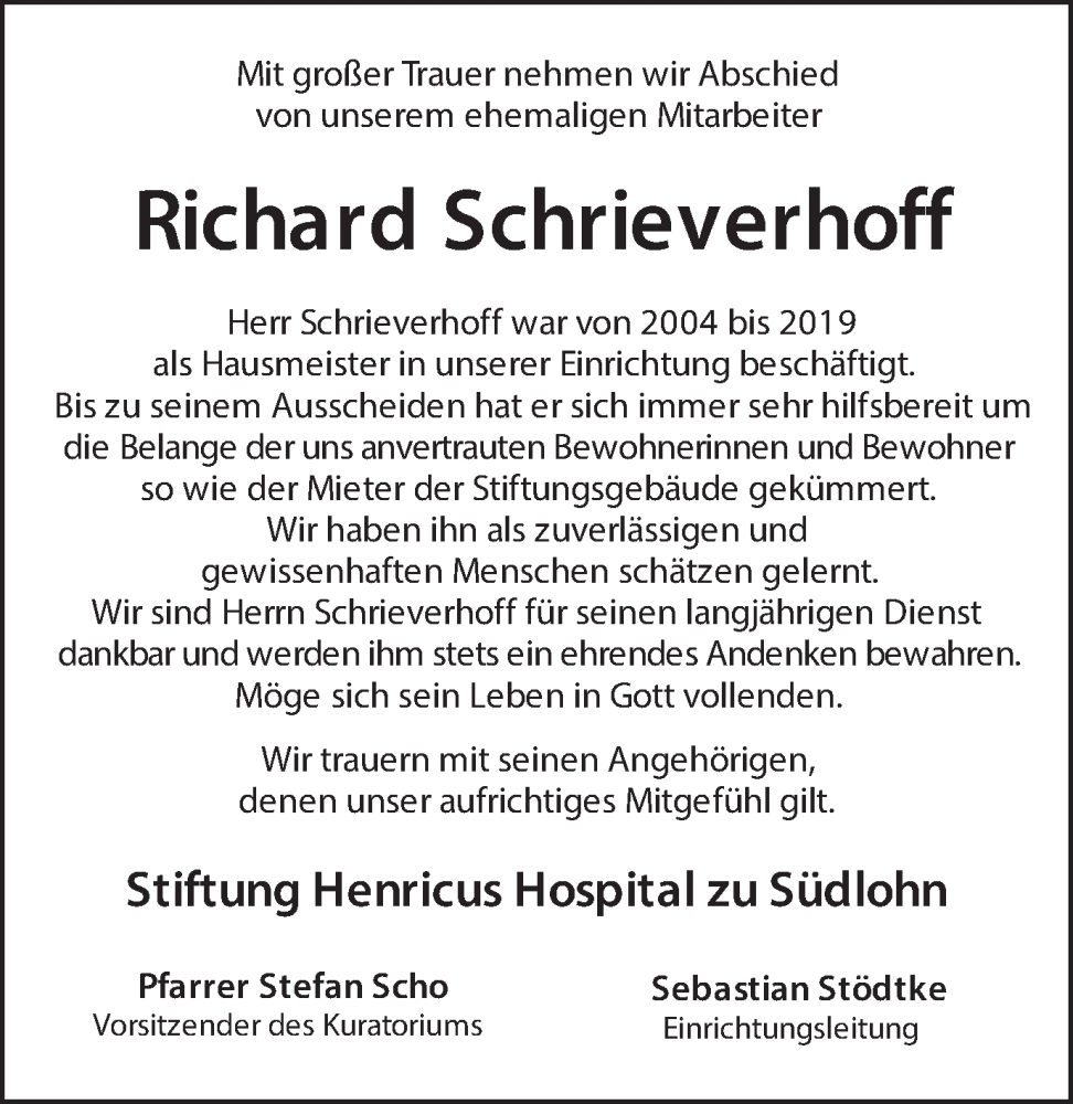  Traueranzeige für Richard Schrieverhoff vom 05.02.2025 aus Münsterland Zeitung