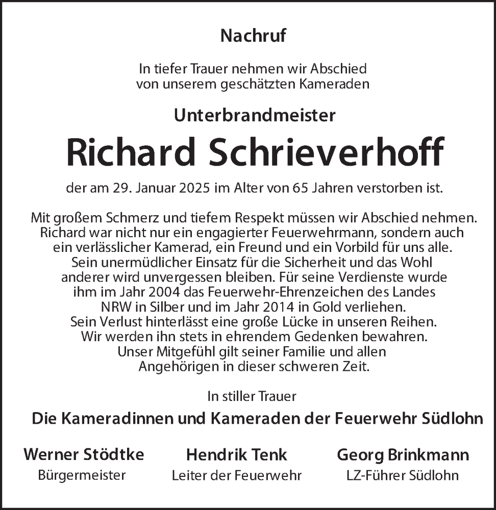  Traueranzeige für Richard Schrieverhoff vom 07.02.2025 aus Münsterland Zeitung