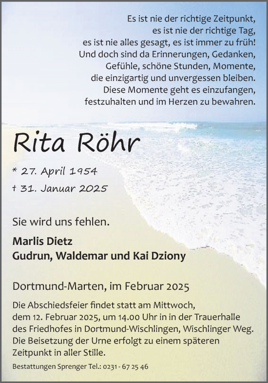 Traueranzeige von Rita Röhr von Ruhr Nachrichten