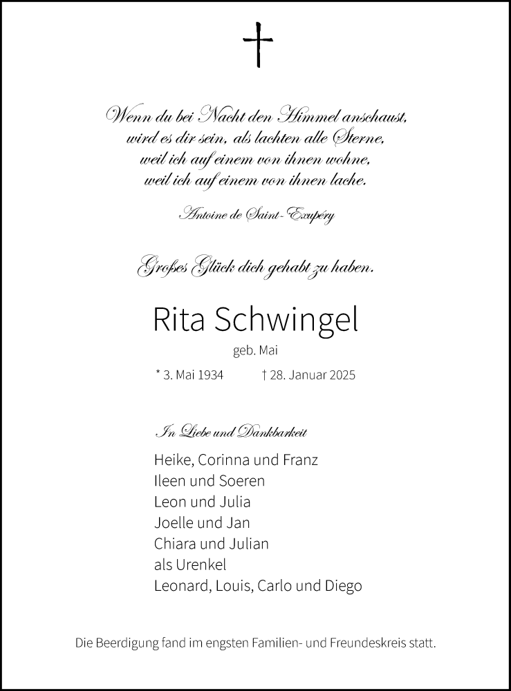  Traueranzeige für Rita Schwingel vom 03.02.2025 aus Ruhr Nachrichten und Dorstener Zeitung