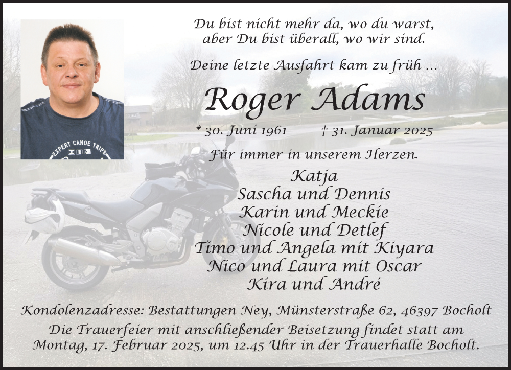  Traueranzeige für Roger Adams vom 14.02.2025 aus 