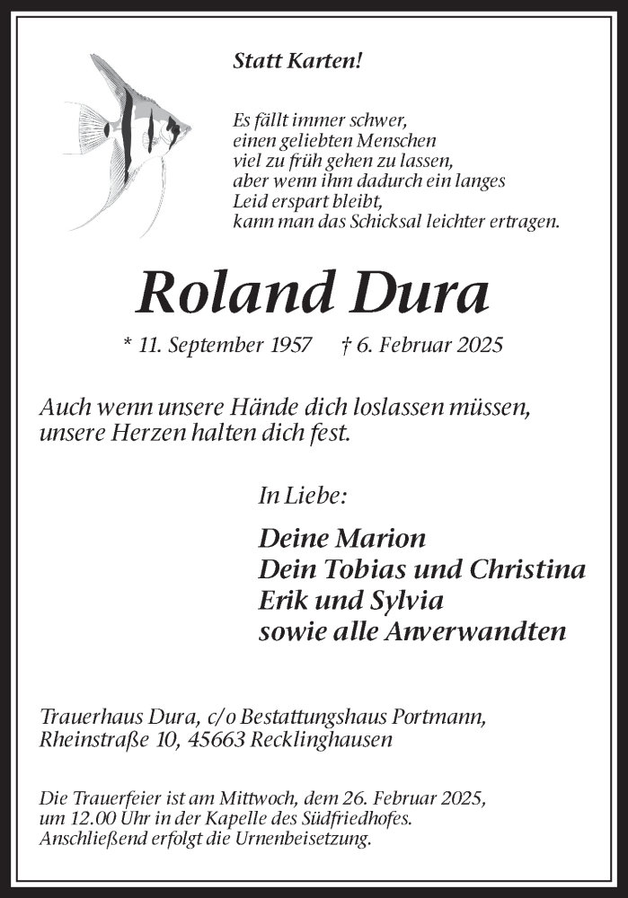  Traueranzeige für Roland Dura vom 15.02.2025 aus Trauer Vest
