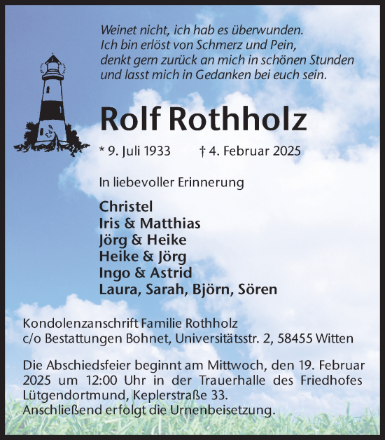 Traueranzeige von Rolf Rothholz von Ruhr Nachrichten