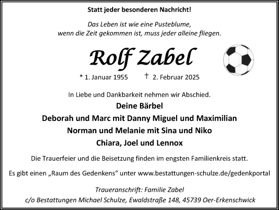 Traueranzeige von Rolf Zabel von Trauer Vest