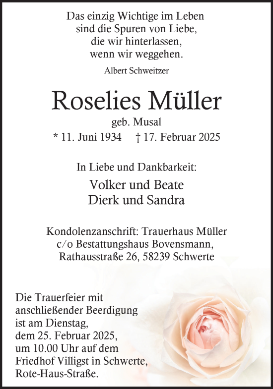Traueranzeige von Roselies Müller von Ruhr Nachrichten
