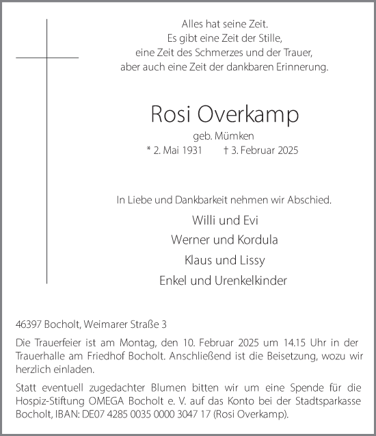 Traueranzeige von Rosi Overkamp 