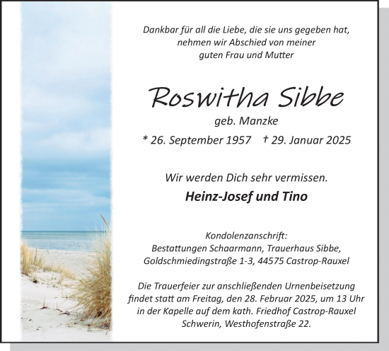 Traueranzeige von Roswitha Sibbe von Stadtanzeiger Castrop-Rauxel