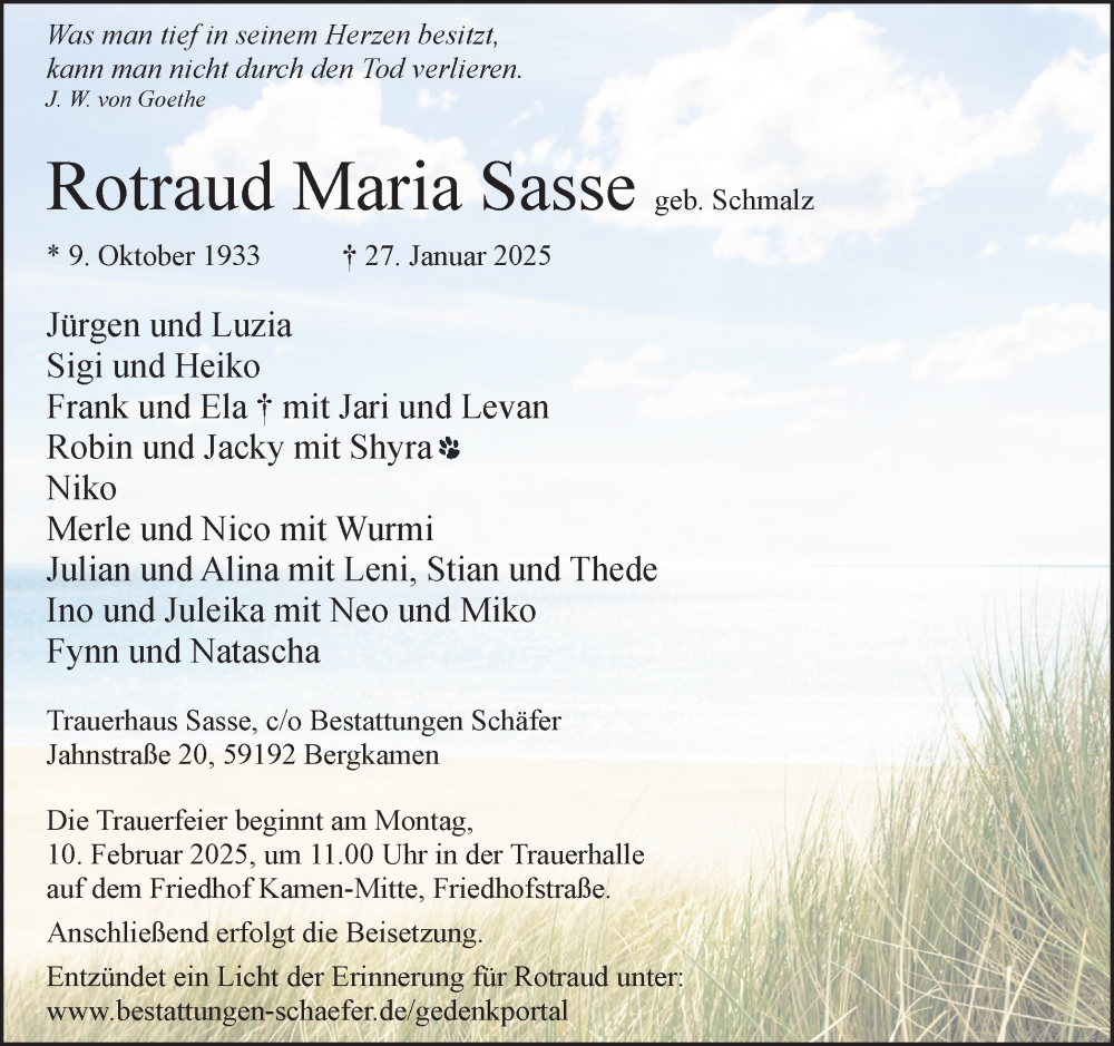  Traueranzeige für Rotraud Maria Sasse vom 04.02.2025 aus Hellweger Anzeiger