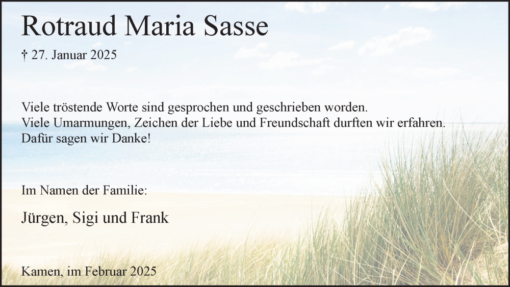  Traueranzeige für Rotraud Maria Sasse vom 22.02.2025 aus Hellweger Anzeiger