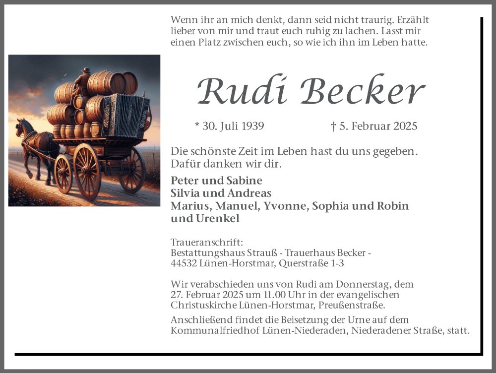  Traueranzeige für Rudi Becker vom 15.02.2025 aus Lüner Anzeiger