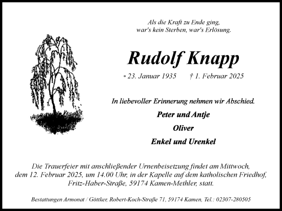 Traueranzeige von Rudolf Knapp von Hellweger Anzeiger
