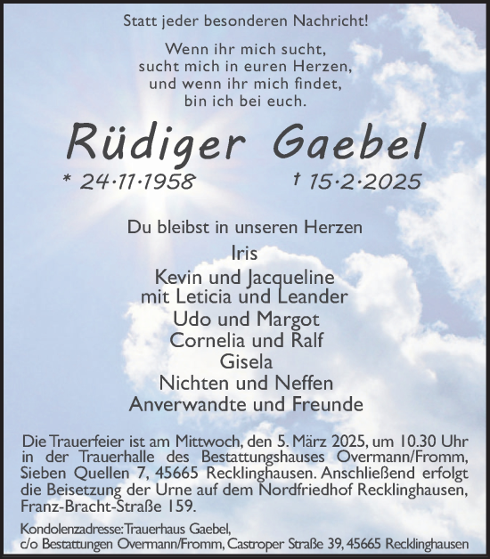 Traueranzeige von Rüdiger Gaebel von Trauer Vest