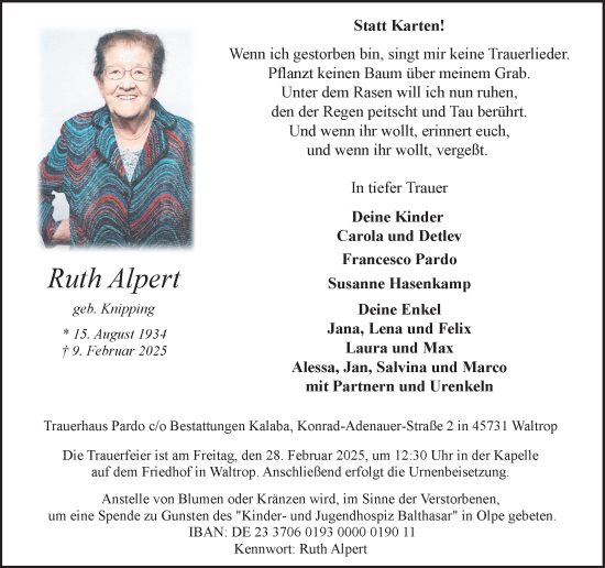 Traueranzeige von Ruth Alpert von Trauer Vest