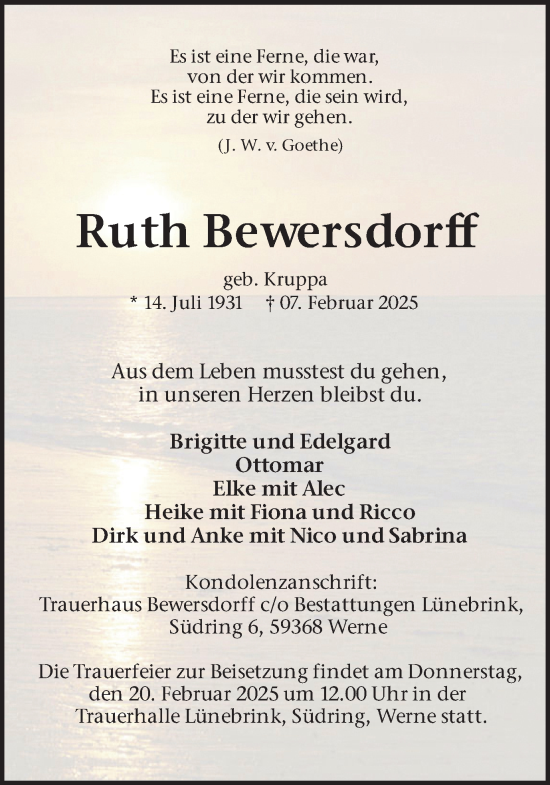 Traueranzeige von Ruth Bewersdorff von Ruhr Nachrichten