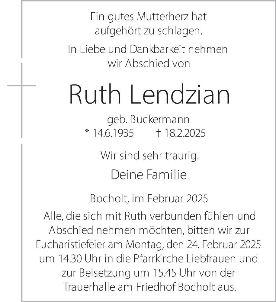  Traueranzeige für Ruth Lendzian vom 22.02.2025 aus 