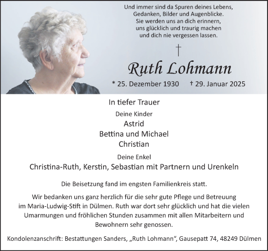 Traueranzeige von Ruth Lohmann von Münsterland Zeitung