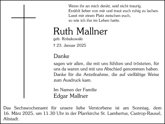 Traueranzeige von Ruth Mallner von Ruhr Nachrichten