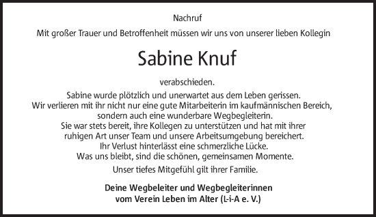 Traueranzeige von Sabine Knuf 