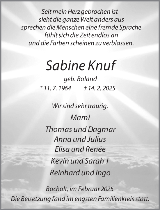 Traueranzeige von Sabine Knuf 
